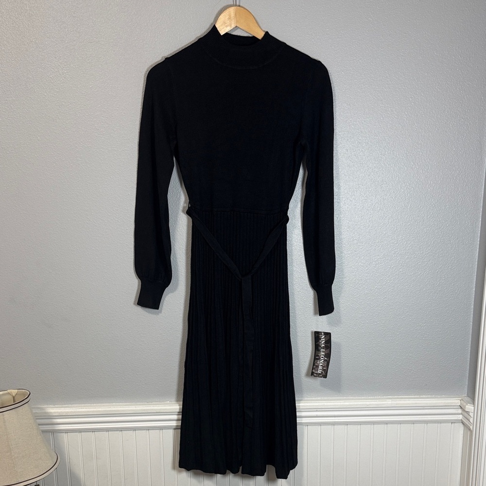 Nina Leonard Black Pleated Fit & Flare Sweater Dress Size S NWT Holiday Party - Picture 2 of 10
